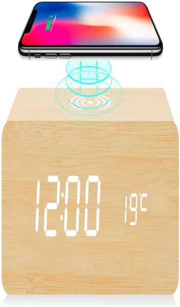 Despertador digital com QI Função sem fio de carregamento sem fio LED de madeira