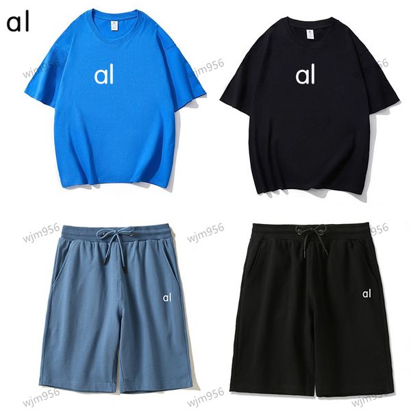 AL0 Yoga Conjunto de camisa grande de mangas curtas Top shorts de cordão masculino solto solto de mangueira casal feminino versátil camiseta de cor sólida