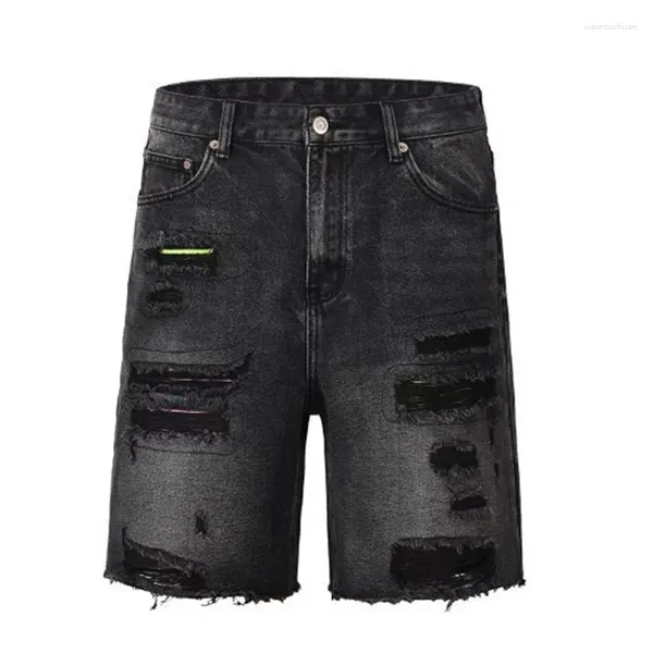 Shorts Shorts High Street Street Color Contrast Denim Men Balck Balck Scepped Hole Patch Jeans