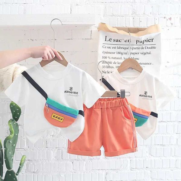 Kleidungsstücke neue Jungen Mädchen Mädchen Sommerkleidung Baumwollstreifen Sport Infant T-Shirt Shorts mit Bag Kinder Kleidung Tracksuits 0-4 Jahr Set Set 0-4 Jahre