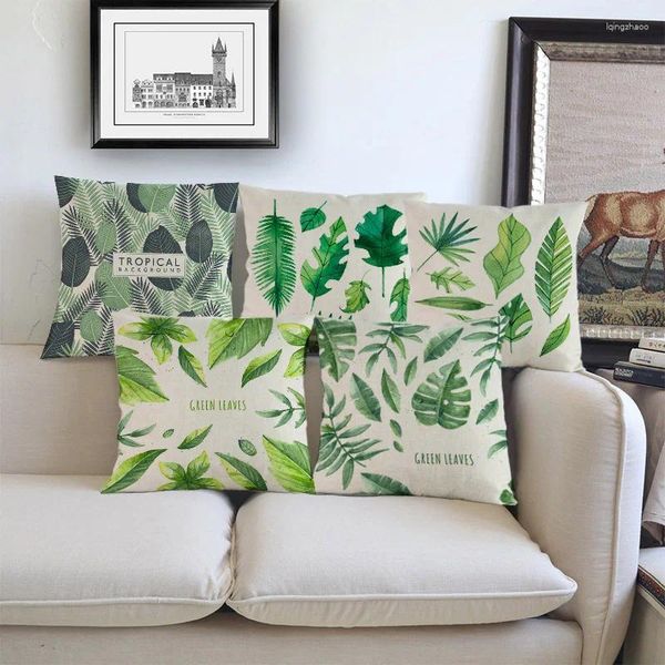 Plantas tropicais de travesseiro de folhas verdes Padrão de linho de linho Idyllic pequeno estilo fresco decoração de decoração 45x45cm