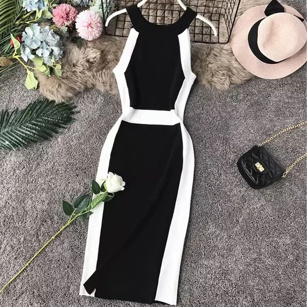 Yuoomuoo Frauen Kleid elegante ärmellose weiße und schwarze gestrickte Körperkleid Kleid Sommer Fashion Lady Strick Party Vestido Sundress 240423