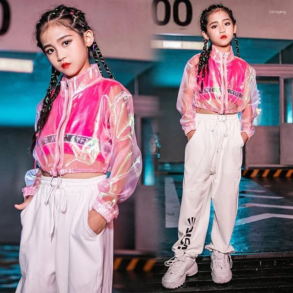 Costume de dança de jazz para meninas tops rosa de hip-hop calças brancas