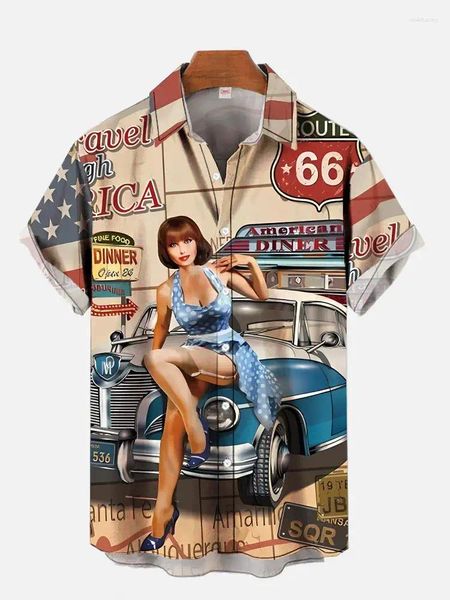 Herren lässige Hemden 1970er-1980s Vintage Pin Up Girl Poster Hawaiian Beach Cowgirl gedruckt kurzarm Shirt Mode Retro Auto für Männer