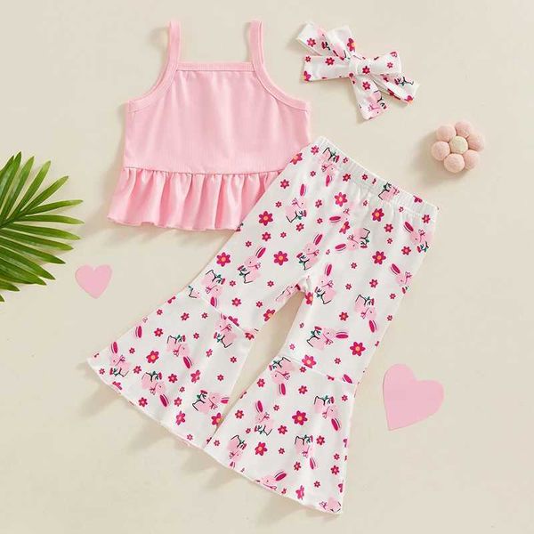 Kleidung Sets Baby Kid Girls Sommer Kleidung Set ärmellose Kamisole mit Hasenblumendruck -Flare -Hosen und Haarband Osteroutfit