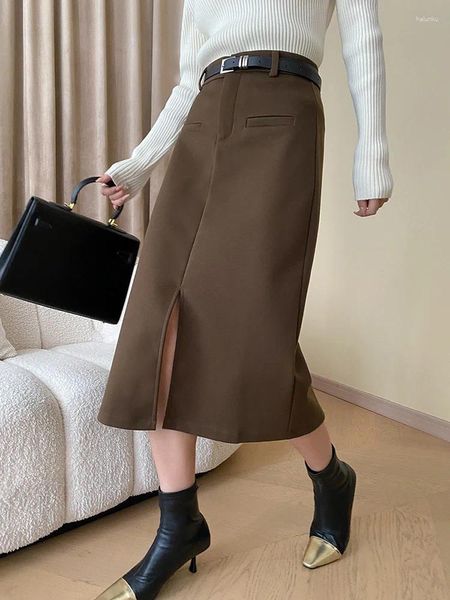 Saias de cintura alta fenda preta com cinto elegante lã A-line Saia de meia cor de corpo feminino fashion maré primavera outono o702