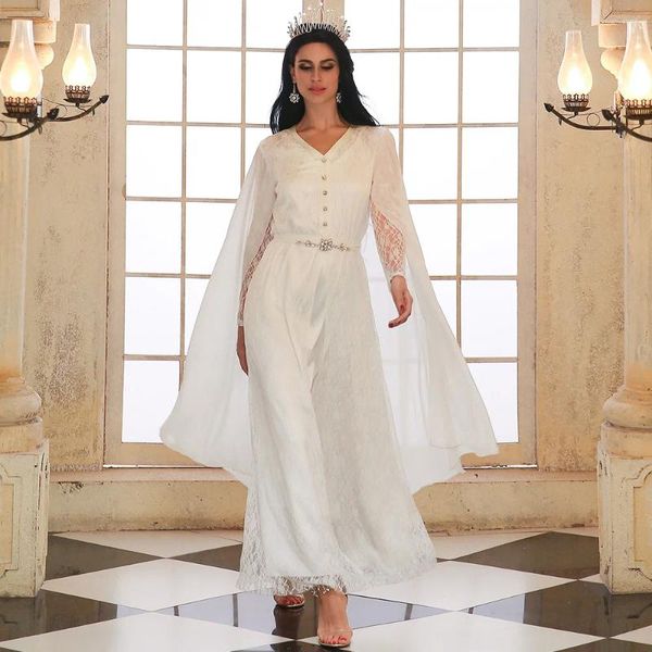 Ethnische Kleidung Chic Elegant weiße Hochzeitsfeier Kleid Chiffon Gast Braut Spitze marokkanischer Abend Caftan Long Robe Arabische Frau S