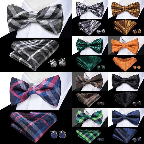 Bow Binds Hi-Tie Grey Plaid Jacquard Seide vorgebundene Herren Krawatte Hanky Manschettenknöpfe Set Butterfly Knot Bowtie für männliche Hochzeitsgeschäftsfeier