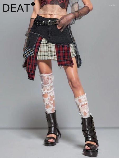 Röcke modische hochwertige schwarze unregelmäßige Patchworkplaid -Denim -Kurzwomen -Minirock 2024 Frühling Sommer 16U9004