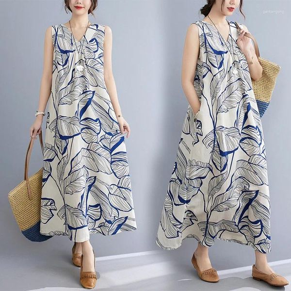 Повседневные платья 2024 Корейская версия свободная негабаритная стильная возрастная уменьшающаяся листья при печати длинные платья по длине колена с передней и задней стороны