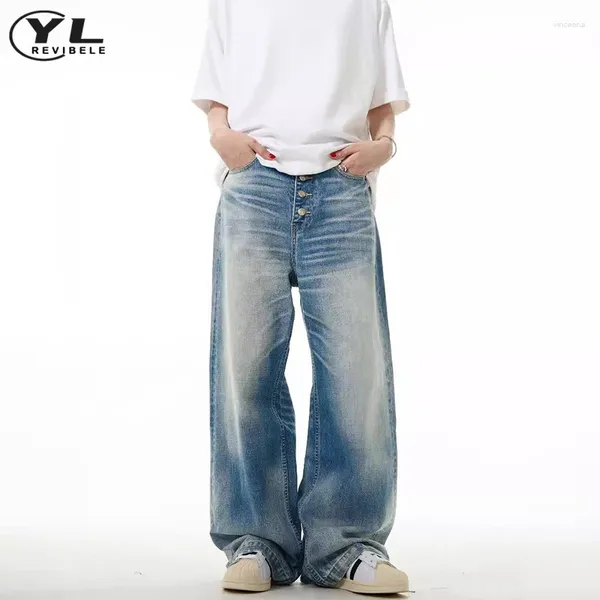 Jeans masculinos Retro Lavado Button Design Homens Mulheres Americanas de rua High Street Ponta de perna larga Fashion Harajuku Straight Denim Troushers