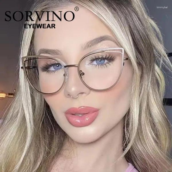 Солнцезащитные очки рамки Sorvino Luxury Cat Eye Antible-Slue Lights Рамки женщины Мужские бренд дизайнер металлические полой оптические очки компьютер