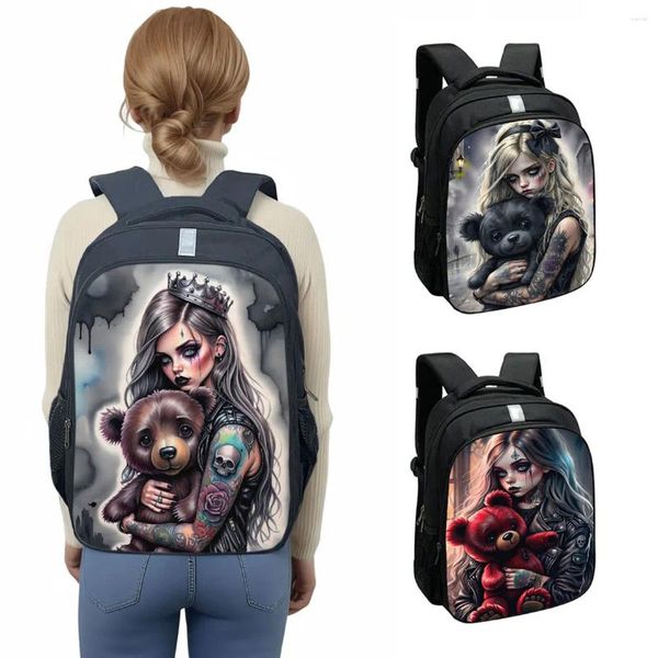 Bolsas escolares Cartoon Gothic Girl and Bear Doll Print Backpack Cool Goth Women Women Rucksack Student Canvas Laptop Bookbag