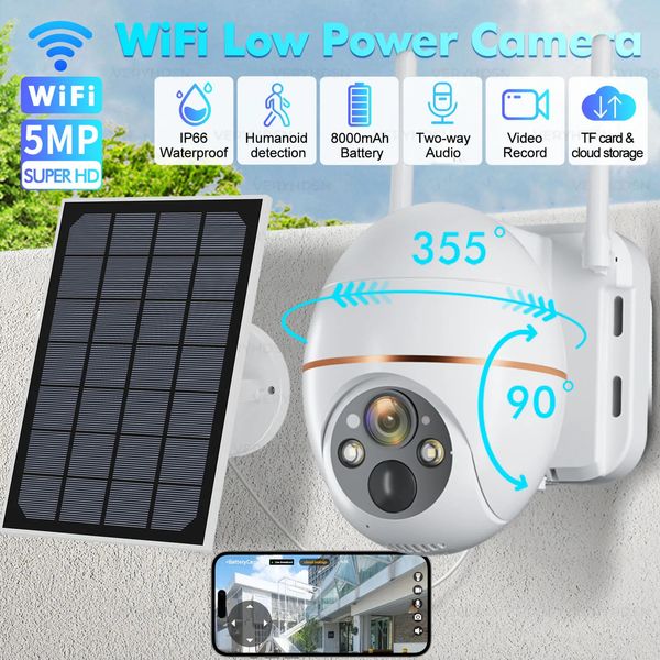 5MP Güneş Wifi IP Kamera 8000mah Pil PTZ Gözetim Kameraları Kablosuz PIR İnsan İzleme CCTV Açık HD Su Geçirmez 5x Zoom 240430