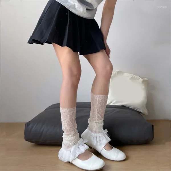 Frauen Socken japanische schiere Spitzenbein wärmere Bowknot Rüsche flammer lang f0t5