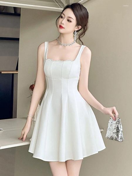 Günlük elbiseler yaz moda bayan klasik beyaz gece elbise kadın giyim zarif lüks seksi kayış ince kısa parti balo vestidos