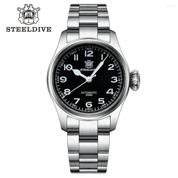 Avanços de pulso SD1928M Marca Steeldive 39mm Sapphire Glass Black Dial Banda de aço inoxidável 200m Impermeável NH35 Relógio automático de mergulho para homens