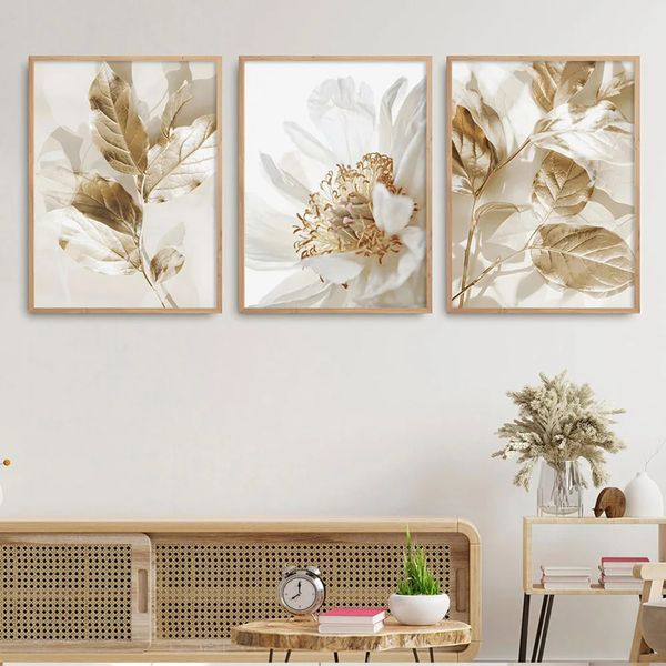 3pcs frameless nordisch weiße florale goldene blätter poster wandkunst leinwand malen drucke bilder wohnzimmer innenheimdekor 240425