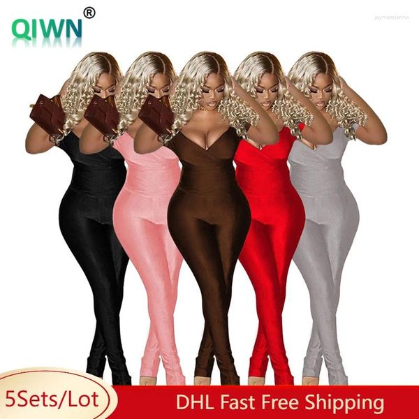 Traccettaci da donna 5Sets Bulk Bulk Wholesale Solid Pants Set Women Sexy Deep Deep Corte Short Short Top Gregings 2 pezzi Casual Elenco Cashy Outfit