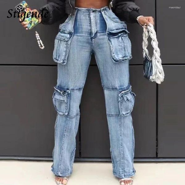 Jeans femininos Stigende Leg Wide Leg Multiple Cockets Women Cargo Jeants Y2K Streetwear Zipper Split Straight Straight