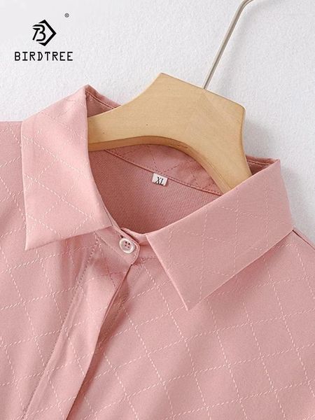 Blouses feminina Birdtree Polo Pollo Pescoço elegante Versátil Blusa Profissional 2024 outono 93% seda 7% Spandex Camisa de manga longa T30610QC