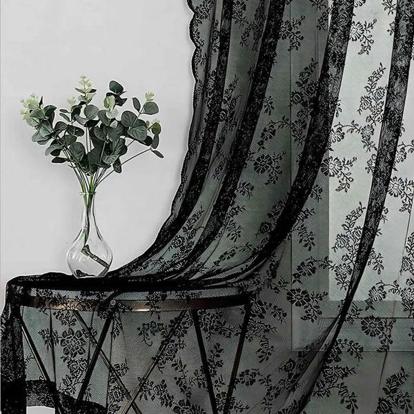 Janela de janela atraente à prova de poeira longa com duração floral de renda preta de renda preta Curtain Home Supplies 240429