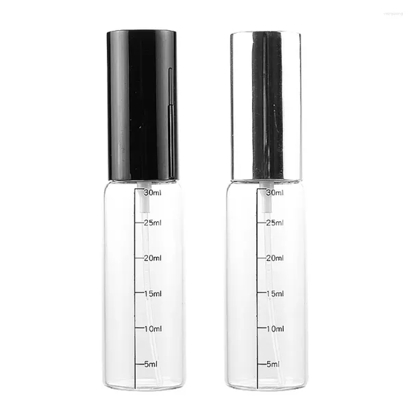 Garrafas de armazenamento 30 ml de spray de vidro em escala transparente com tampa preta e prata garrafa de perfume portátil cosmético 1oz 1oz