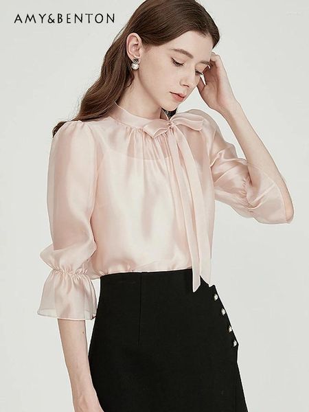 Blouses feminina estilo francês temperamento arco stand colar blusa rosa mulheres verão sino fino manga solta camisa de emagrecimento escritório senhora camisas