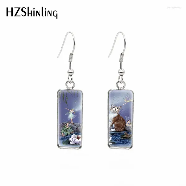 Dangle Ohrringe 2024 Fee mit tierisch rechteckigen Ohrringkunstmalereien Fischhaken Glas Cabochon handgefertigter Schmuck