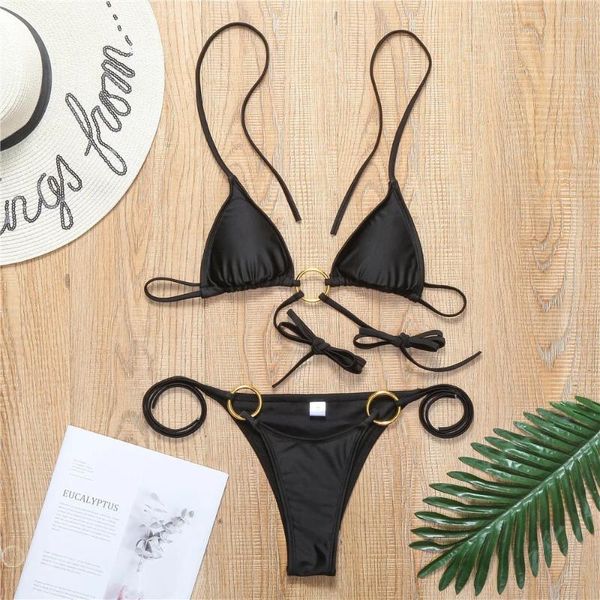 Swimwear's Swimwear Black String Bikini Rings Swimsuit Women Sexy Micro Triangolo Triangolo Triangolo Beach Bikini brasiliano Bikini Outfit per vacanza