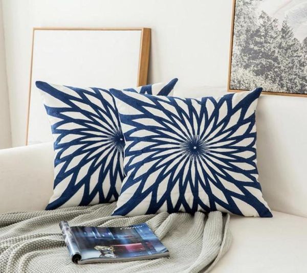 Cuscinetto cuscini cuscini cuscini cuscini blu navy cuscino di cotone in tela ricamato di divano geometrico di divano camera da letto cuscino 4545cm6306922