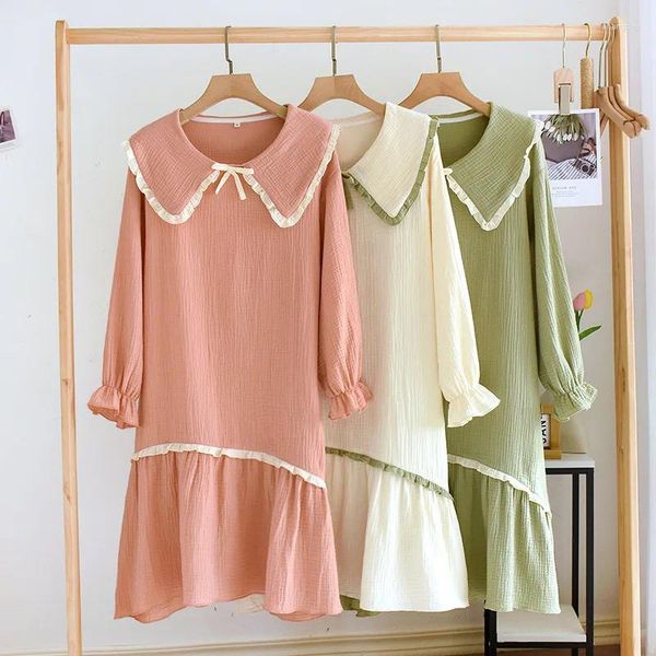 Abbigliamento da donna Sopleccioso abito da sonno estate in cotone in crepe a maniche lunghe bambola a colore solido casa dolce