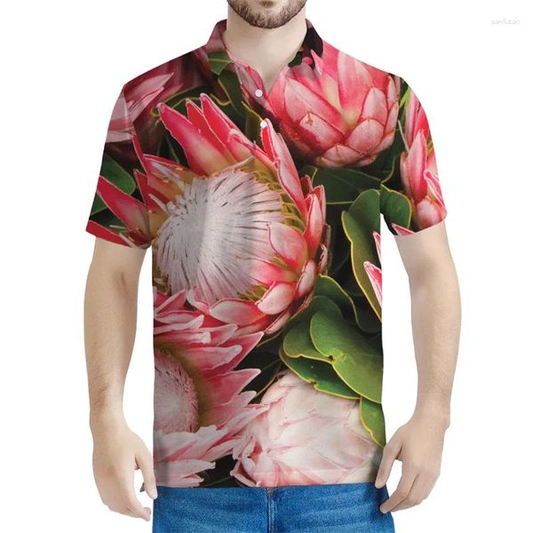 Camisetas de pólo de padrão de flor protea para homens para homens 3D camisetas florais estampadas Botão de rua casual camisa de lapela de lapela curta mangas curtas