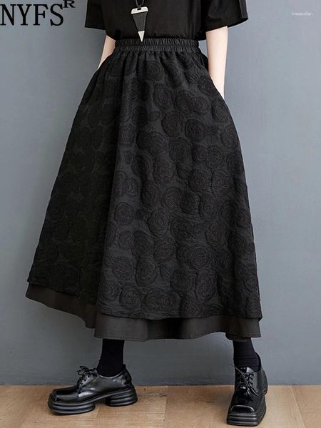 Etekler nyfs 2024 bahar sonbahar vintage kadın etek gevşek siyah rüzgar jacquard patchwork yüksek bel faldas mujer saias