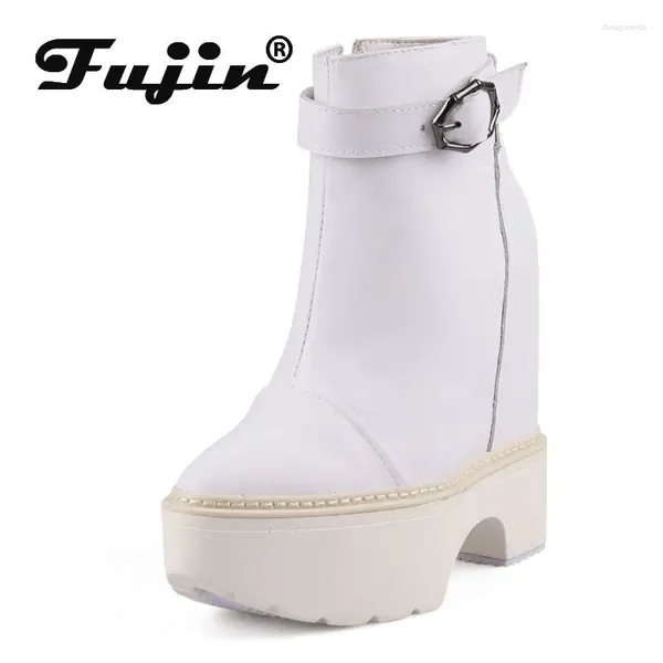 Stiefel Fujin 13 cm 15 cm Kuh Echtes Leder Frauen versteckte Heels Herbst Knie High Mid Calf Booties Plattform Keil Feder Reißverschluss Schuhe