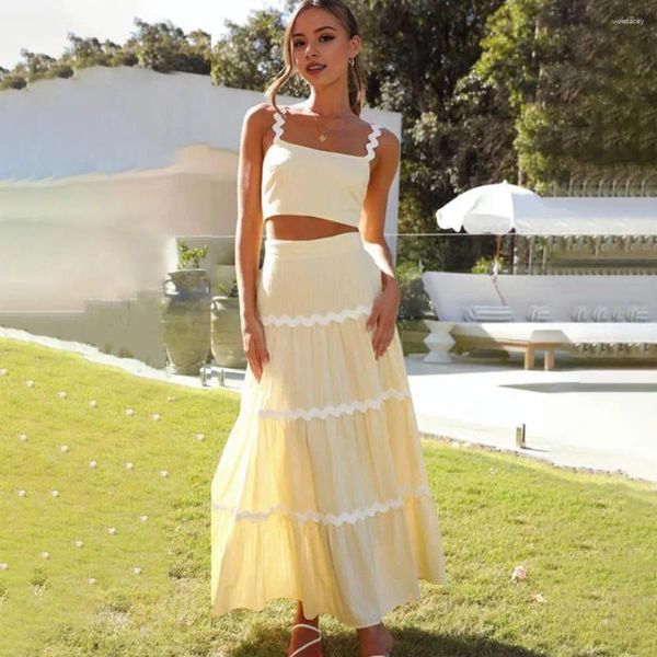 Appliques Stripes Set di abiti estivi in cotone giallo chiaro DONNE SCAGLIO CARC TRIG 2 PC abbinati Oufits Beach Sunsssing 2024