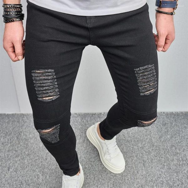 Herren Jeans Männer HipHop Stretch Löcher dünne Bleistift stilvolle, verzweifelte schwarze männliche schlanke Jeanshose für Hosen