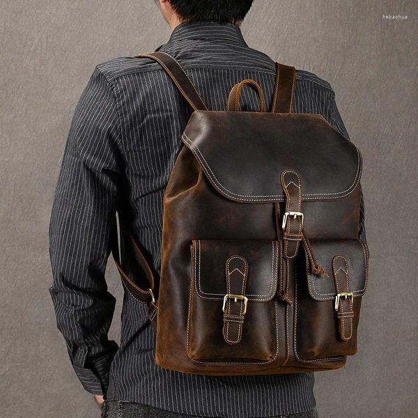 Backpack Men Genuine Men Men vintage Crazy Horse Bucket Daypack de grande capacidade para masculino