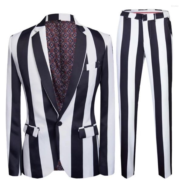 Ternos masculinos Moda Moda Black e Branco Men listrado Duas peças Design mais recente Design Notch One Button Suit Slim Business Causal Party Tuxedo