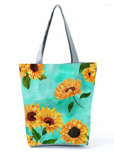 Omuz çantaları moda ayçiçeği baskılı kadınlar çanta çiçek yüksek kapasiteli eko yeniden kullanılabilir alışveriş yeşil seyahat plajı özel desen