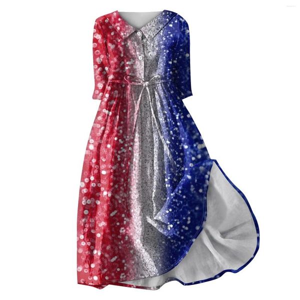 Lässige Kleider Frauen Mode Independence Day bedruckter Flip -Kragen -Knopf 3/4 -Ärmel -Gurtkleid elegant für Frauen Sommer