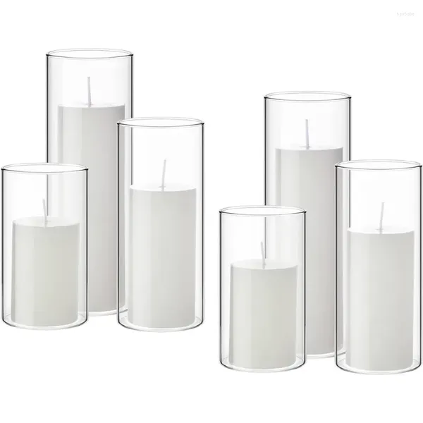 Titulares de velas Velas de pilar branco e vasos de cilindro de vidro claros para decoração de casamento esbelto (6 conjuntos)