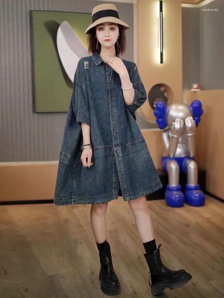 Partykleider High -End -Retro -Denim -Kleid European Lose Mid Länge Patchwork -Shirt Rock Frauen 2024 Sommermodell