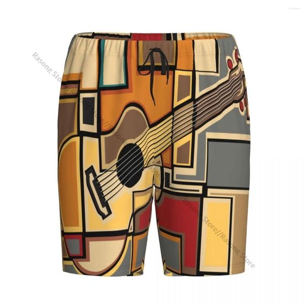 Calças de pijamas curtas de roupas de sono masculinas para dormir quadrado geométrico de funky com um botão solto de arte acústica da guitarra