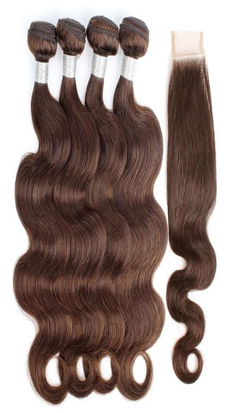 4 fasci di tessitura dei capelli brasiliani marrone cioccolato con onda del corpo di chiusura 34 fasci con chiusura 2x6 in pizzo Extension Human Hair Extension2617724