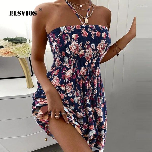 Abiti casual Summer Lady Sexy Sexy Sleeveless Off-Shoulder Halter Dress Beach Party Stampa femmina Elegante gonna corta