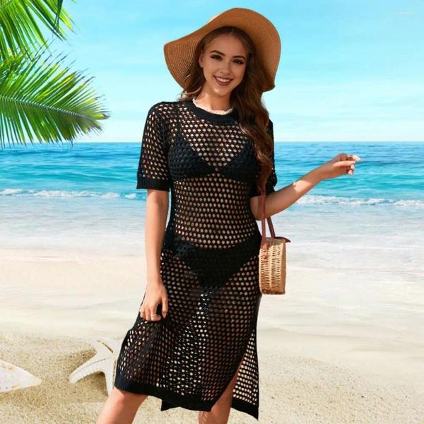 Anti-UV Knit Pullover Swimsuit Concobra elegante feminino de verão de verão O-pescoço O Hollow Bikini solto solto