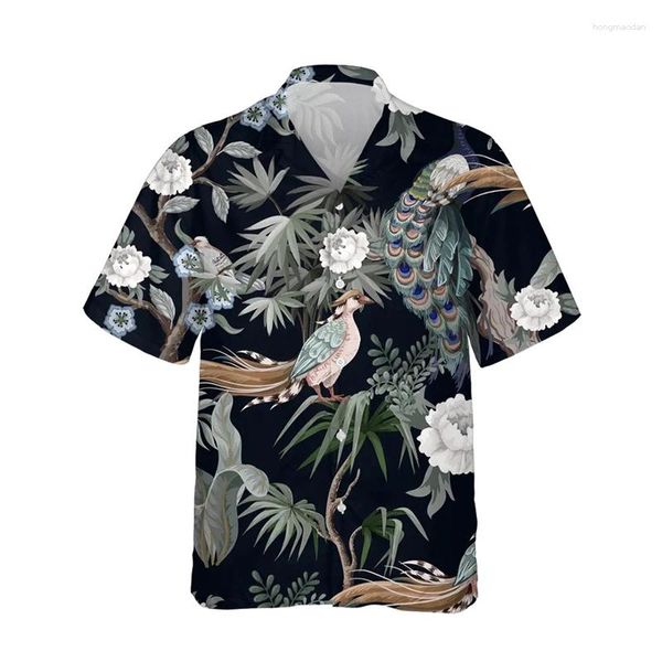 Мужские повседневные рубашки Peacock 3D Print Men Fashion Hawaiian Рубашка с коротким рукавом пляжные мальчики однобортная блузская одежда