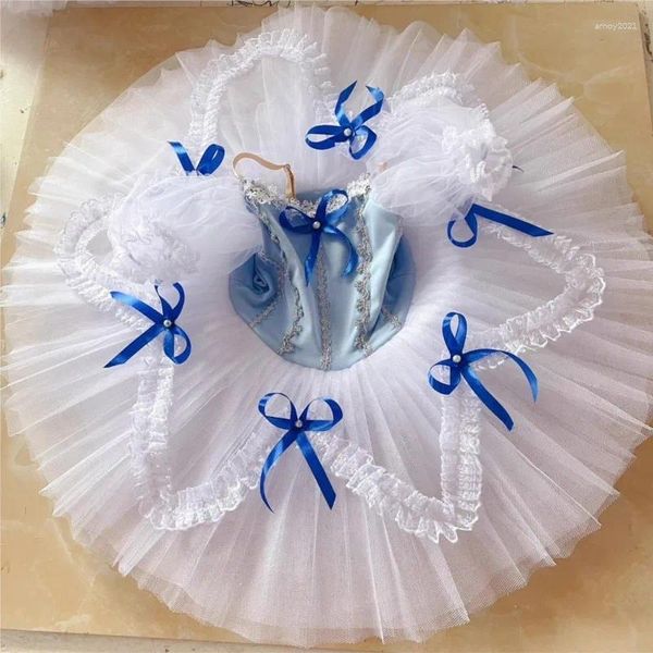 Abbigliamento da palle da balletto blu per bambini in abbigliamento da bowknot tutu gonna piccolo cigno ad imbracatura per esibizioni costumi da garza da ragazza