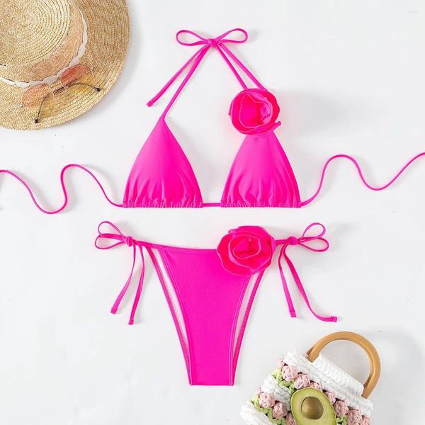 Swimwear femminile sexy 3d fiore rosa rosa micro mini bikini set tie a corda a due pezzi imbottiti per perizoma femminile abita